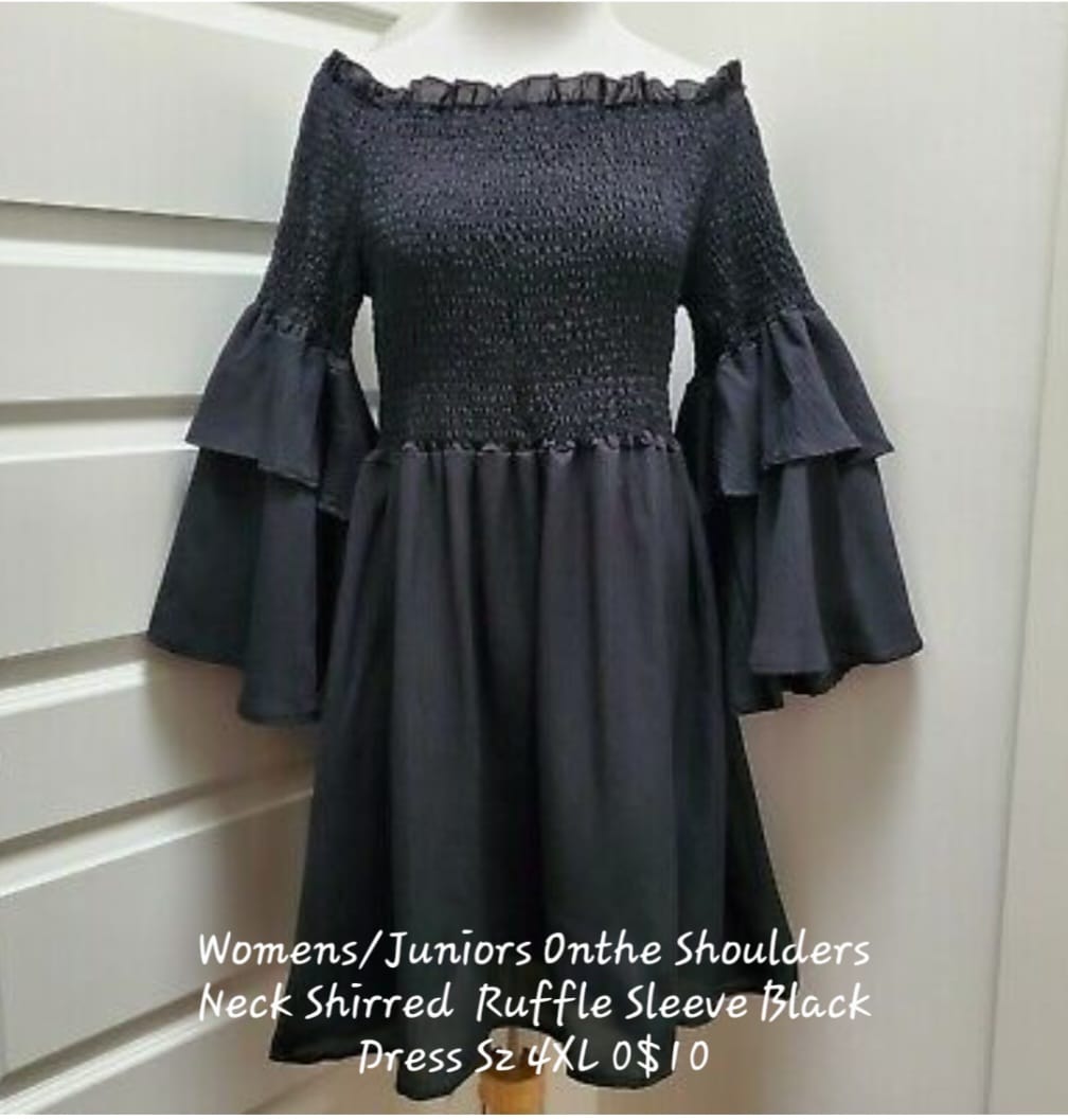 Women/Junior On The Shoulders Neck Shirred Ruffle Sleeve Black Dress